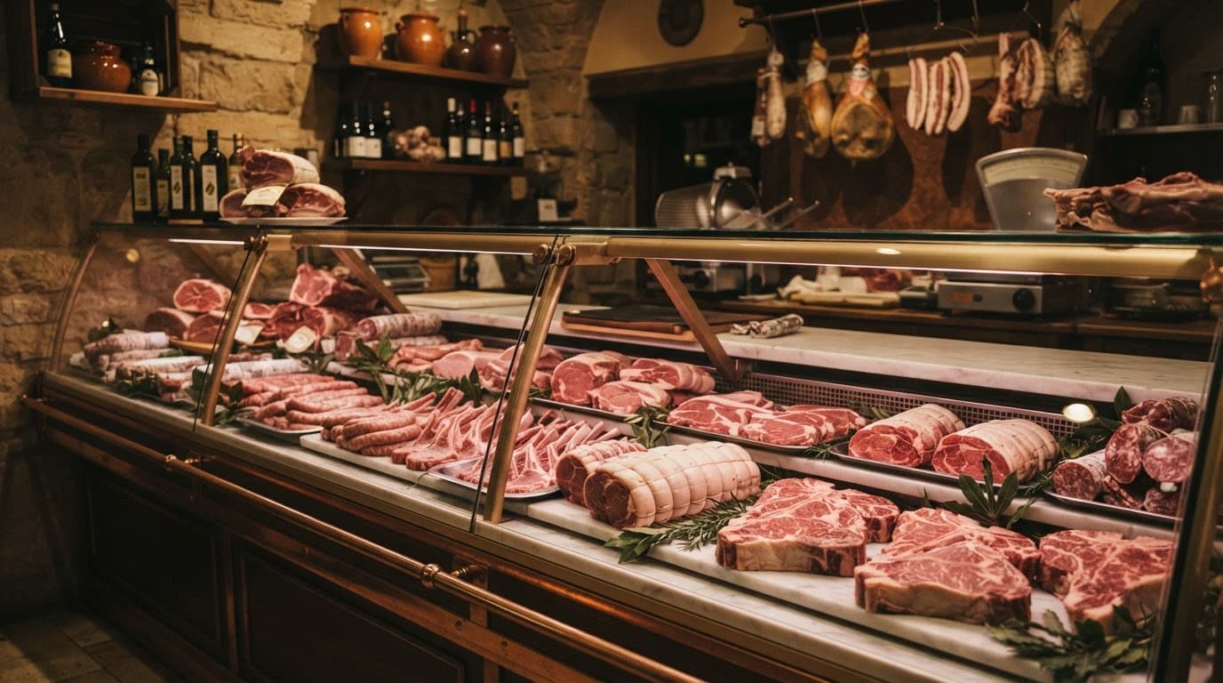 Banco refrigerato con tagli freschi di carne in una macelleria vuota.
