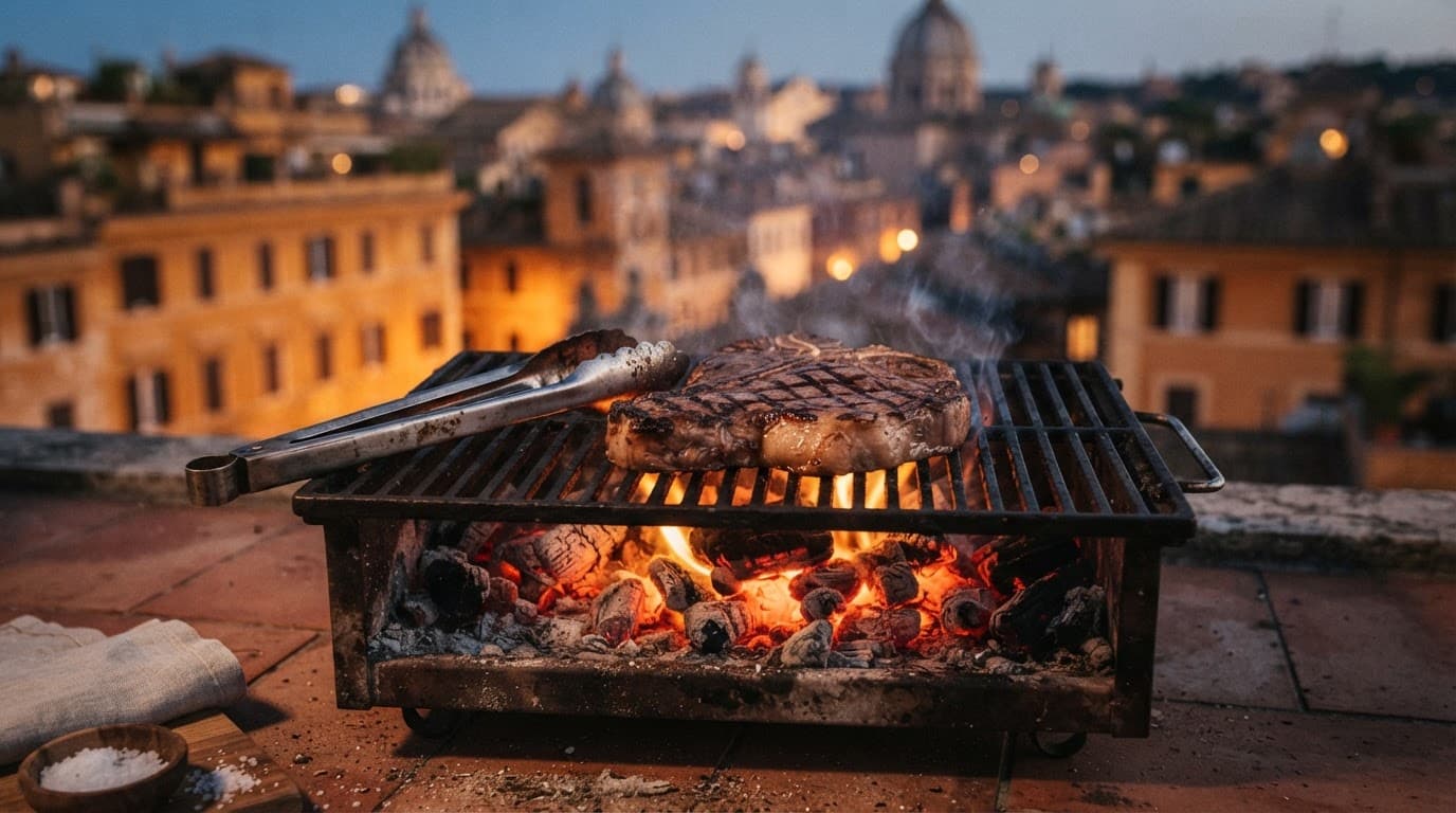 Una bistecca fiorentina cuoce sulla griglia sopra carboni ardenti, con pinze appoggiate accanto.