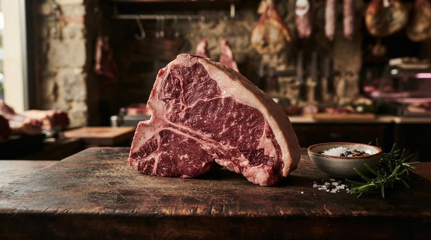 Bistecca fiorentina cruda su un'asse scura con rosmarino e sale grosso.