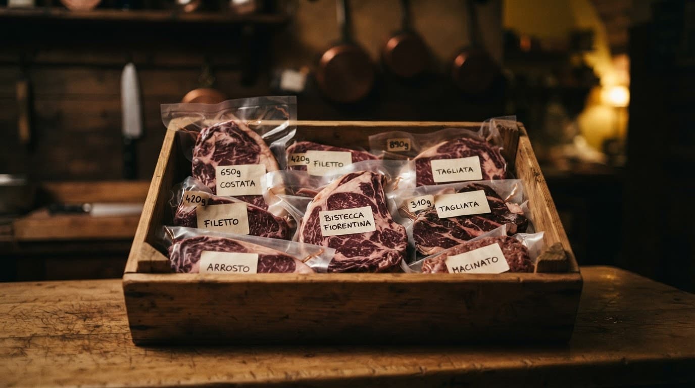 Una box di carne confezionata sottovuoto su un bancone di legno.
