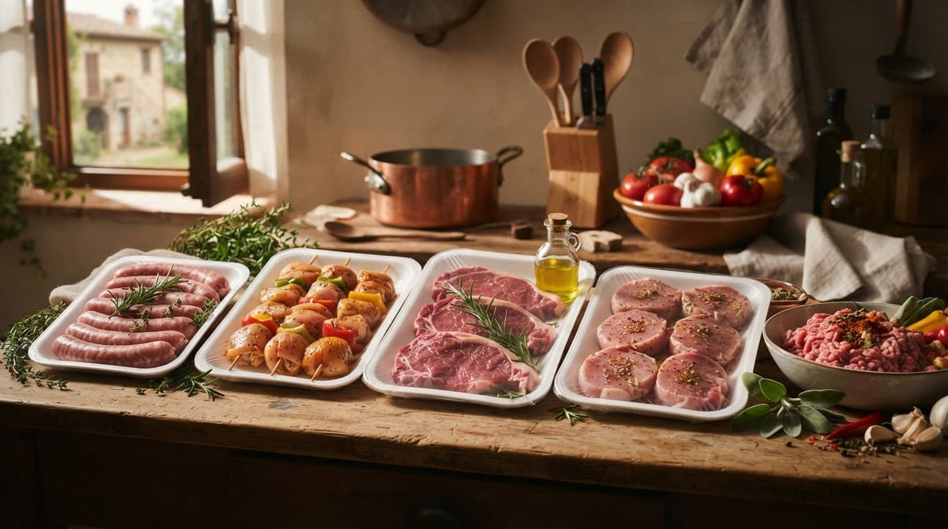 Confezioni di carne fresca e preparati da cuocere su un banco con verdure e utensili.