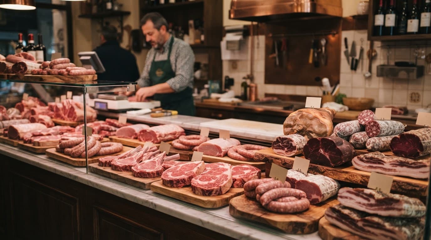 Tagli di carne e salumi artigianali su assi di legno, con una persona sfocata sullo sfondo.