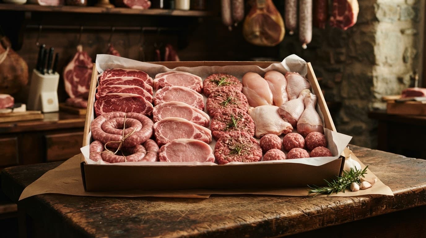 Cassetta con manzo, maiale, pollo, salsicce, hamburger e polpette su un bancone rustico.