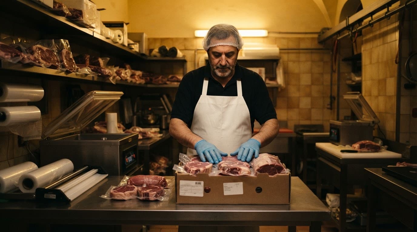 Una mano sistema confezioni di carne sottovuoto su un piano pulito.