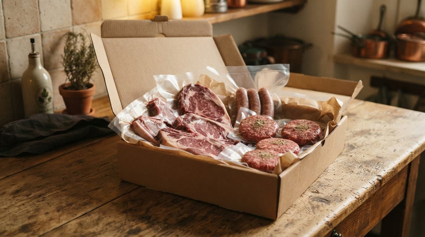 Scatola con carne sottovuoto e hamburger su un piano cucina rustico.