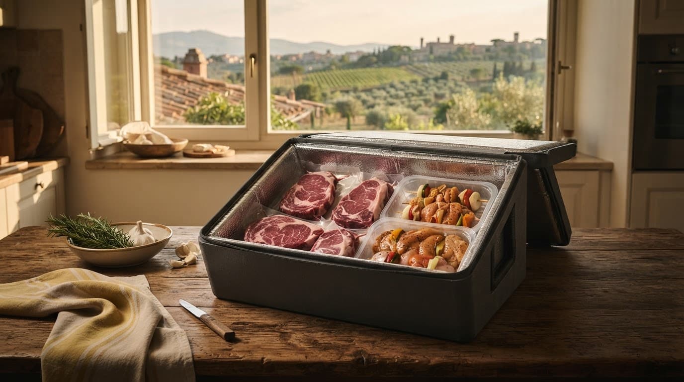 Box termico con carne fresca confezionata e una vaschetta sigillata sul tavolo della cucina.