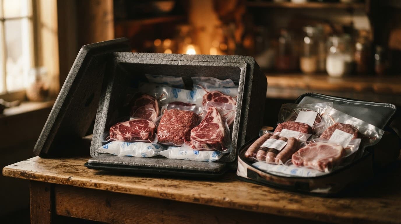 Scatole termiche e imballaggi per carne refrigerata su un tavolo di legno.