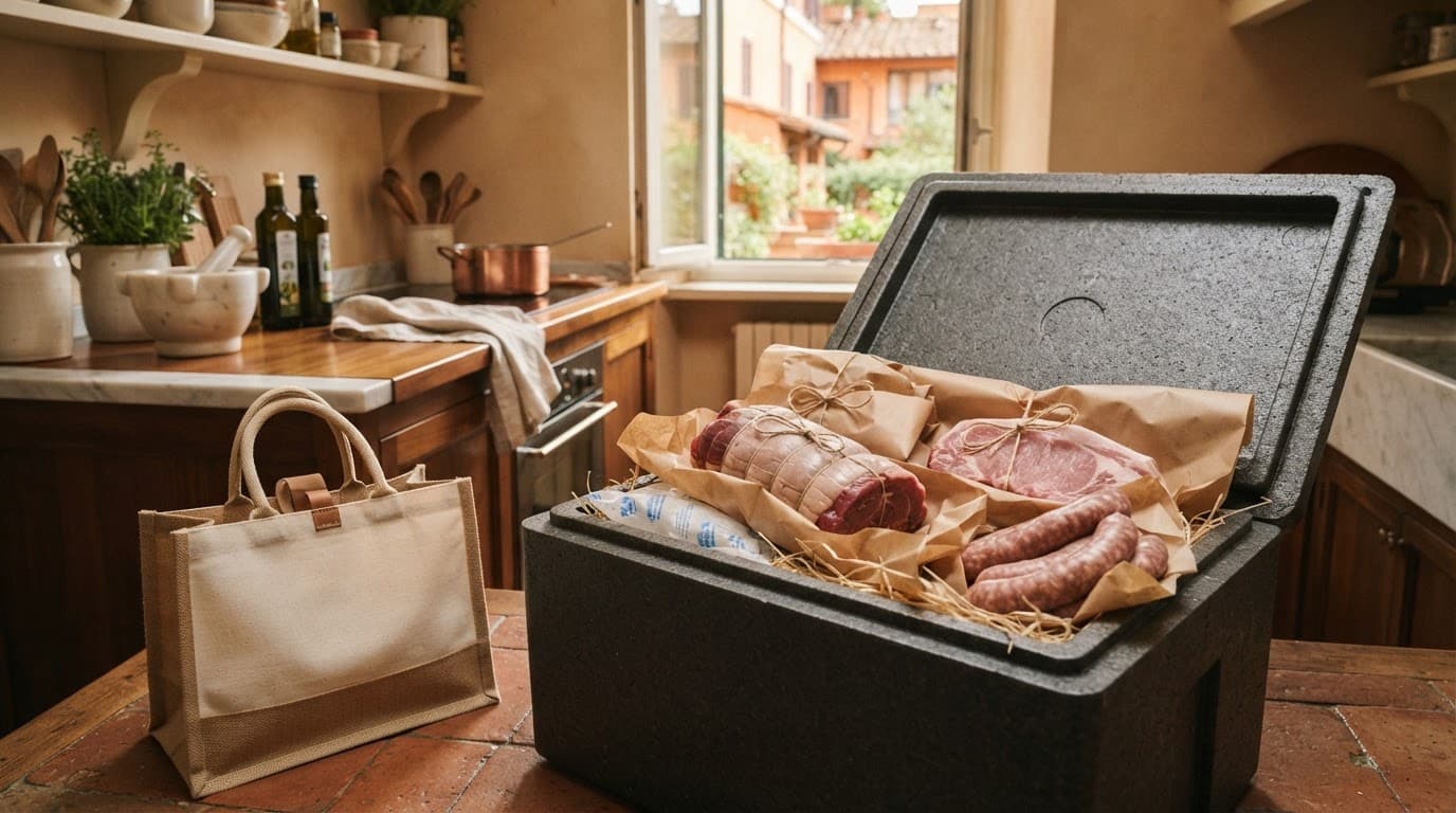 Scatola aperta con carne confezionata e borsa riutilizzabile in cucina.
