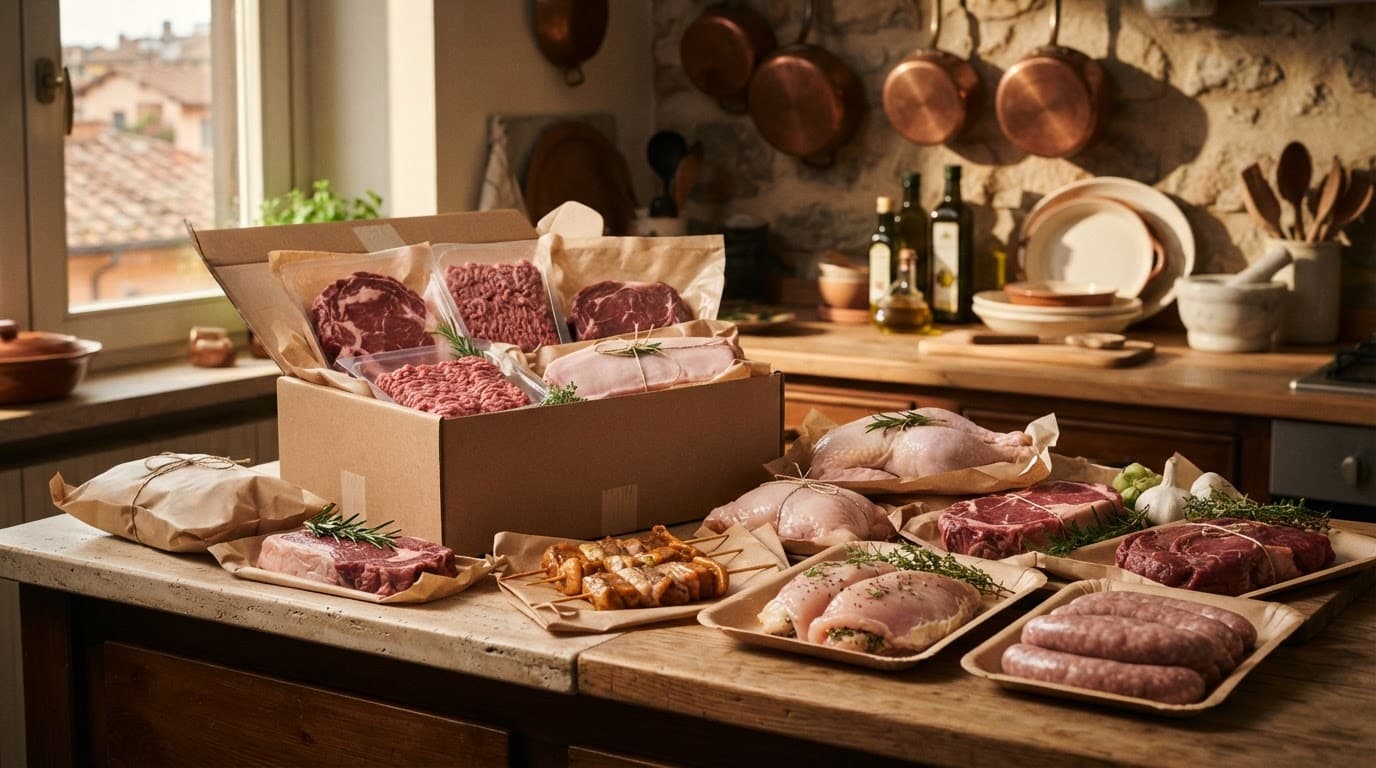 Box con carne fresca e preparazioni pronte su un bancone di cucina.