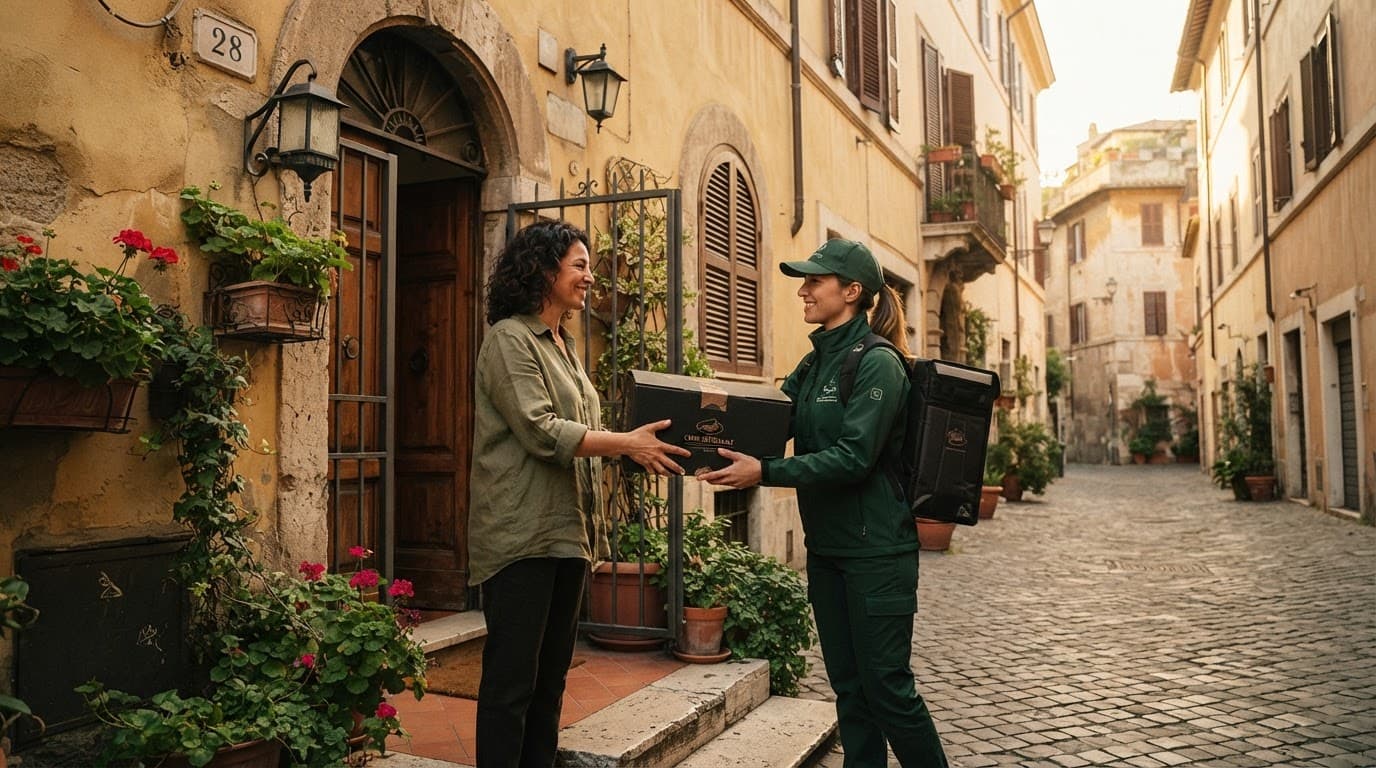 Un corriere consegna una scatola di carne a una porta romana illuminata dal sole.