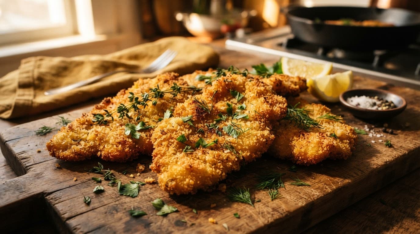 Cotolette dorate e croccanti su un tagliere rustico con erbe fresche.