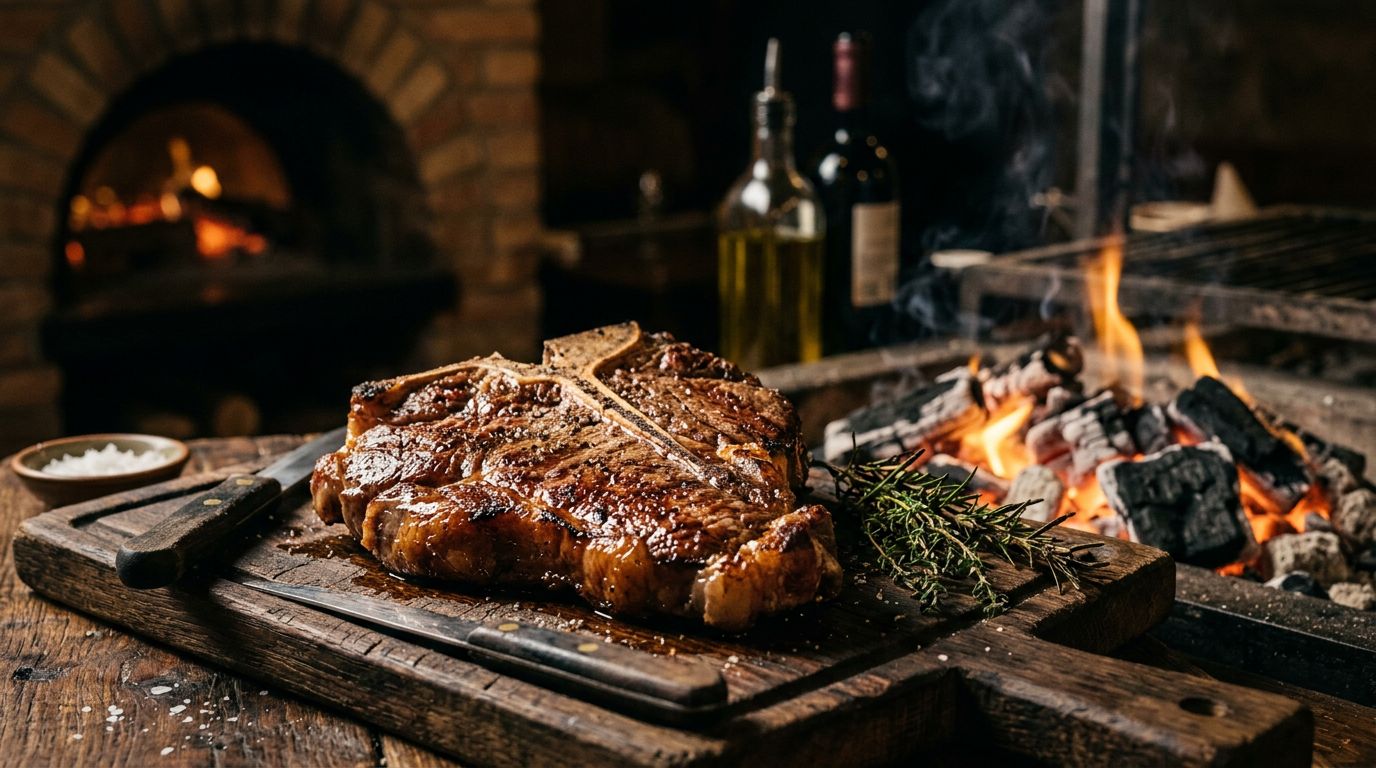 Bistecca fiorentina con osso a T su un tagliere, accanto a braci incandescenti.