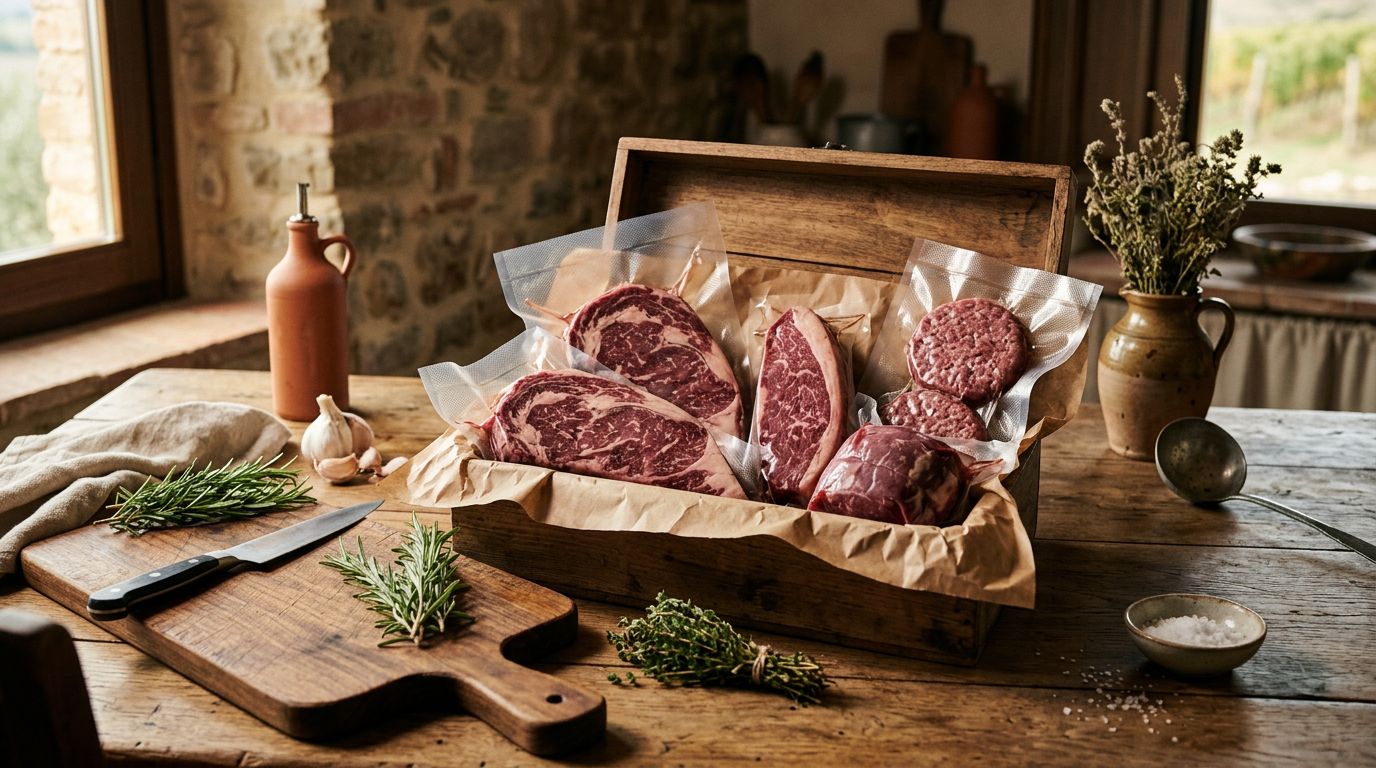 Box di carne scottona con tagli confezionati, tagliere in legno e rosmarino.