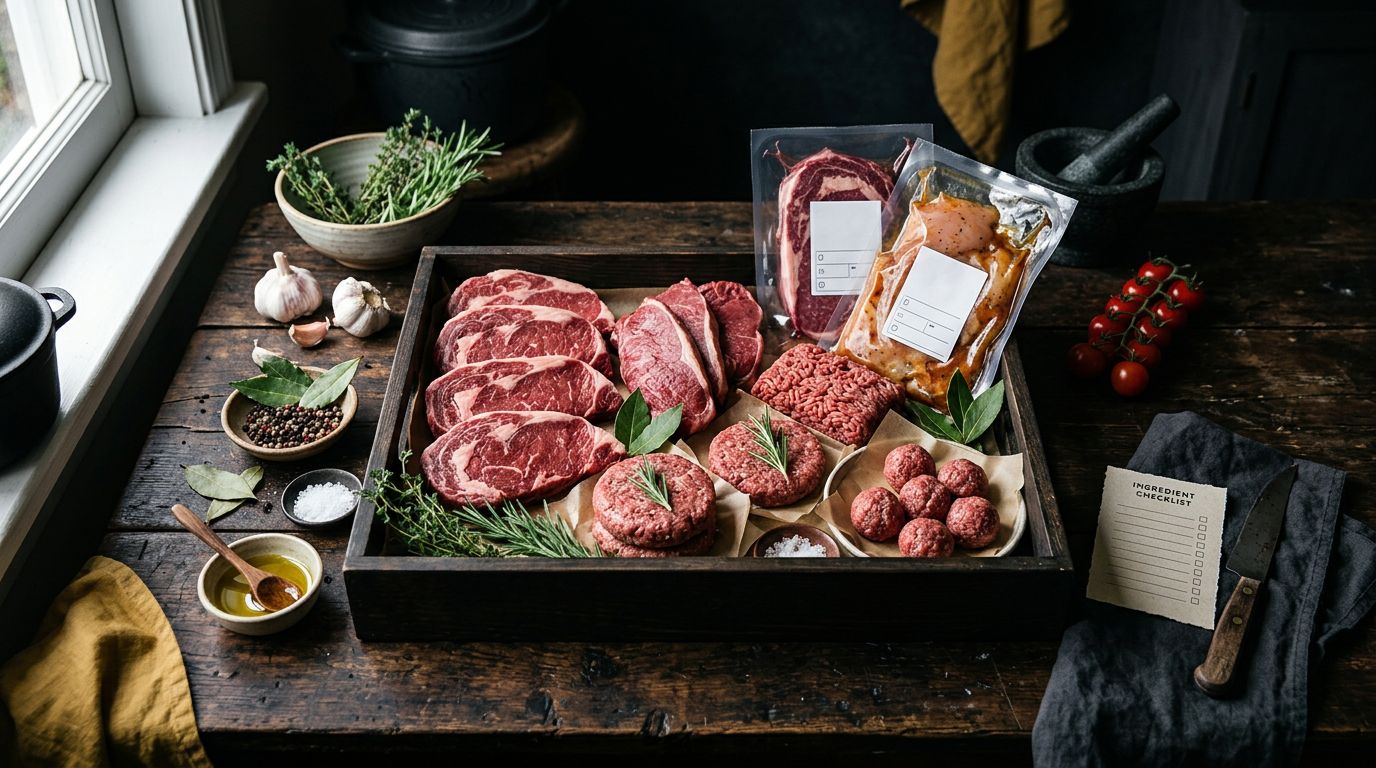 Scatola di carne senza glutine con manzo, burger, polpette ed erbe su un tavolo scuro.