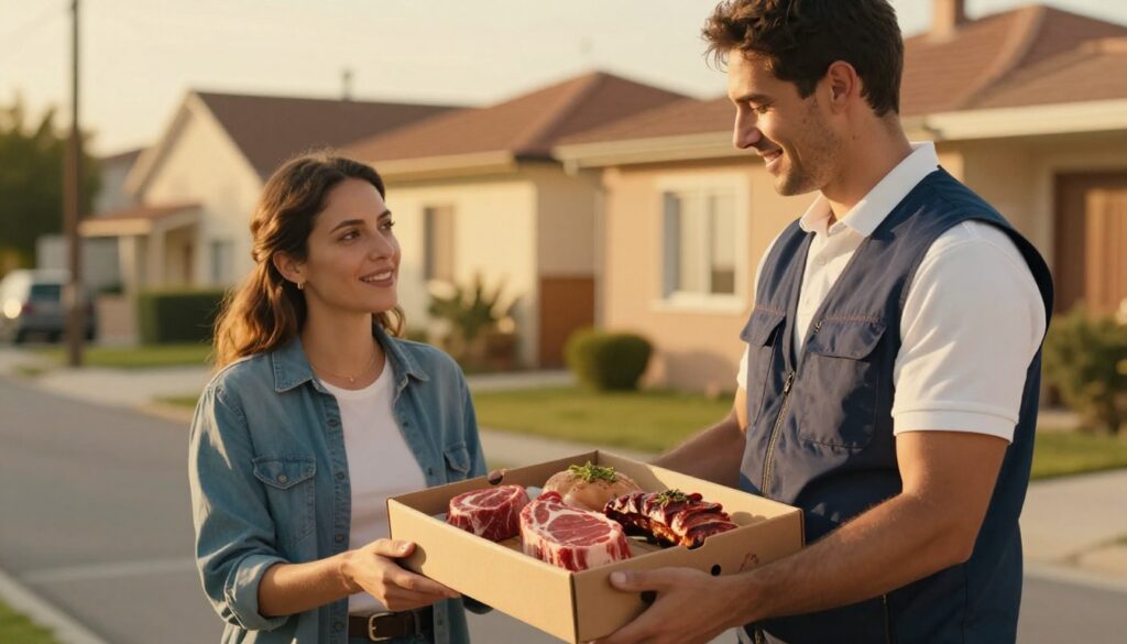Un corriere consegna una scatola di carne fresca a una donna per strada.