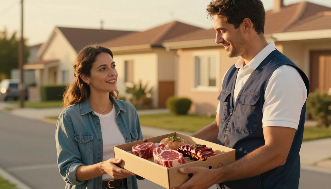 Un corriere consegna una scatola di carne fresca a una donna per strada.