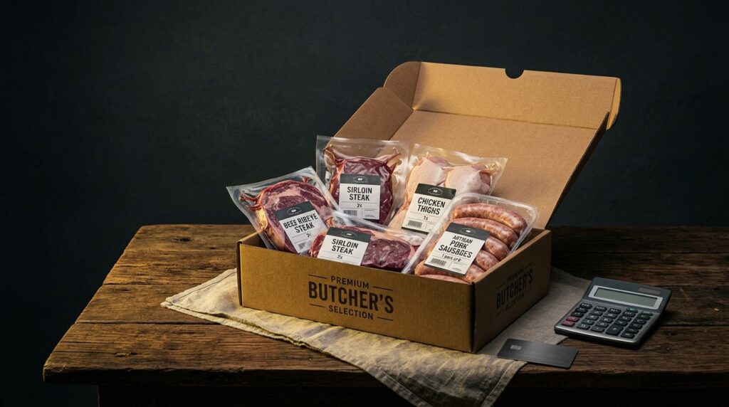 Box di carne con manzo, pollo, salsicce, calcolatrice e carta di pagamento.