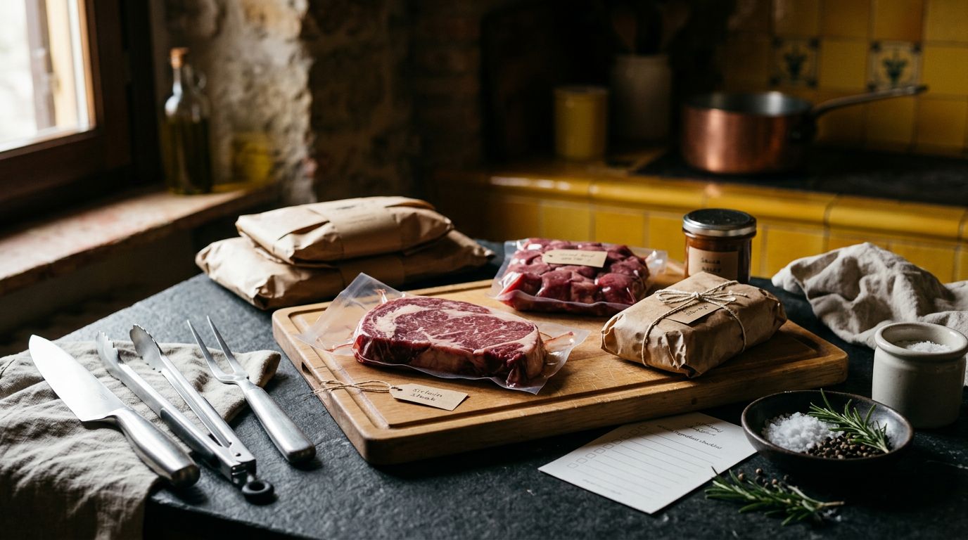 Tagli di carne e confezioni senza glutine accanto a un tagliere e utensili in acciaio.