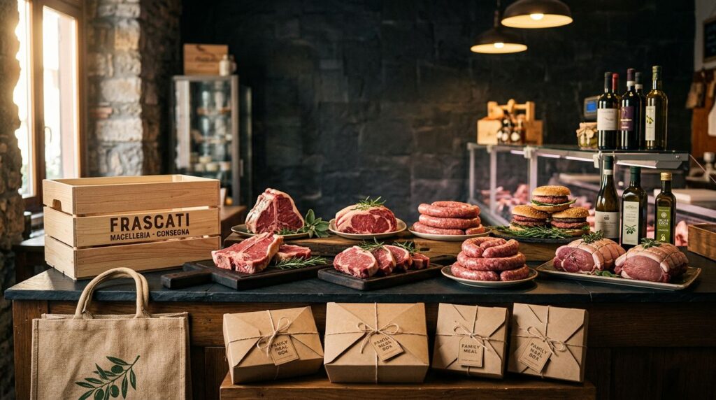 Banco con carne fresca, salsicce, hamburger e confezioni per la consegna a domicilio.