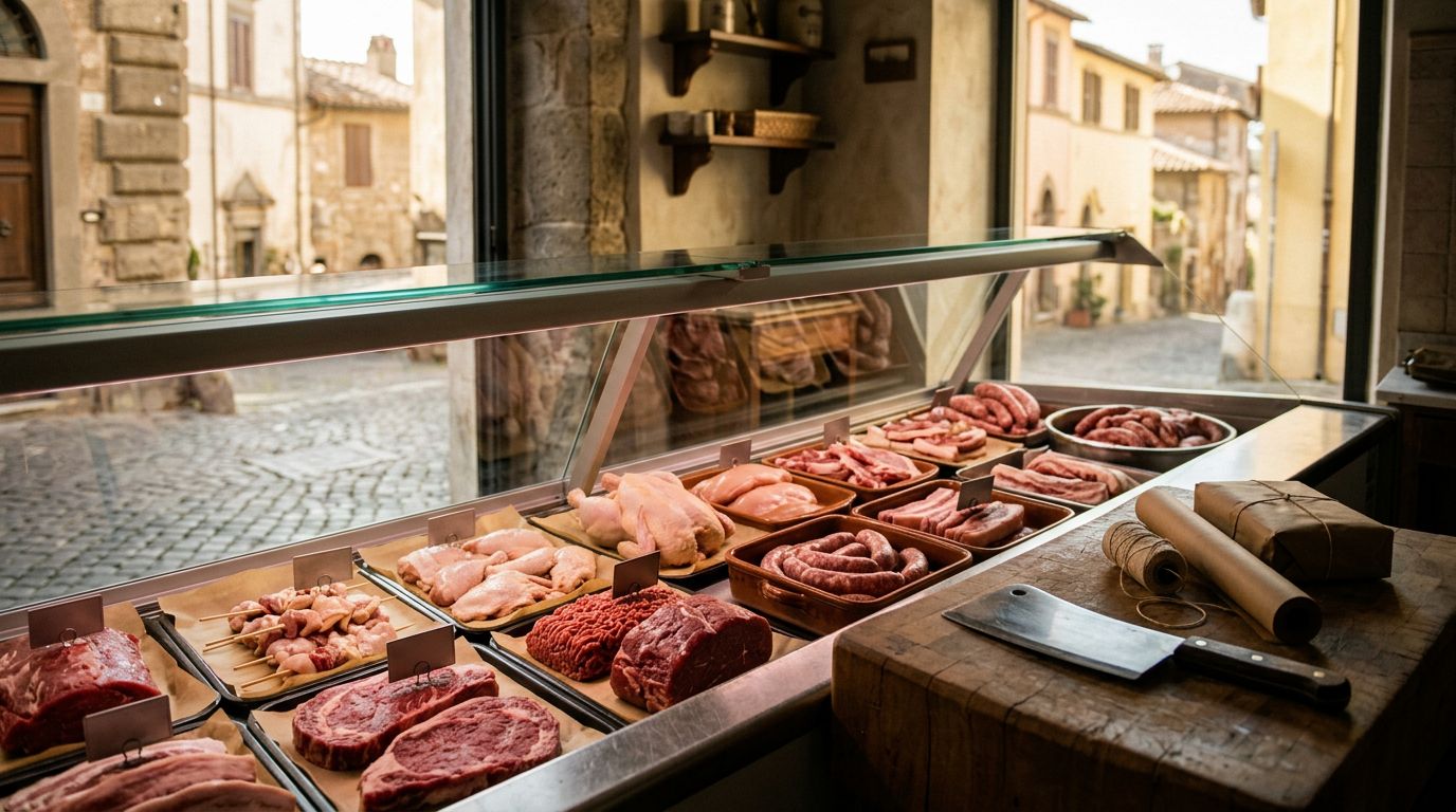 Banco con carne fresca, coltello e confezioni, davanti all’architettura sfocata di Frascati.