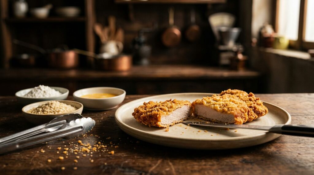 Cotoletta senza glutine dorata su un piatto, con ingredienti per la panatura accanto.