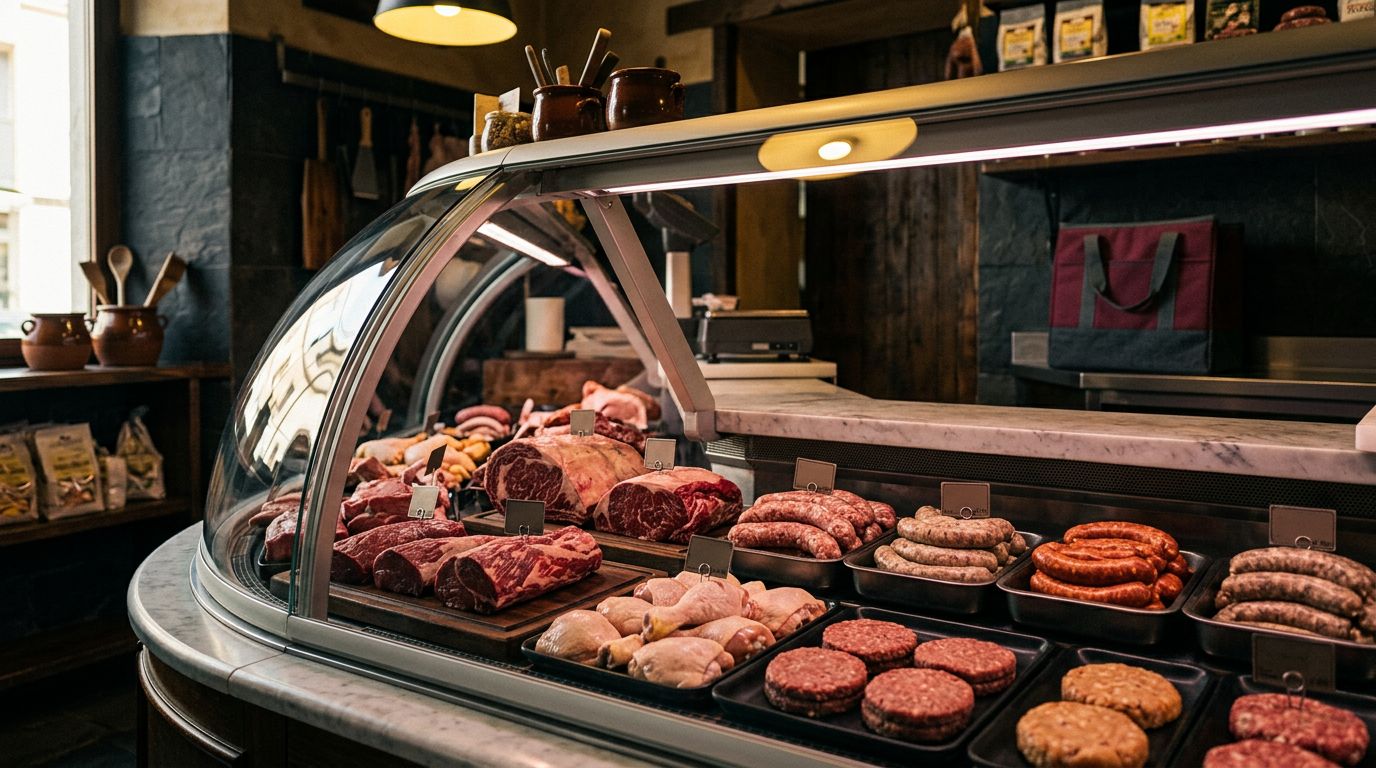 Banco di macelleria con manzo, pollo, salsicce, hamburger e una borsa termica sullo sfondo.