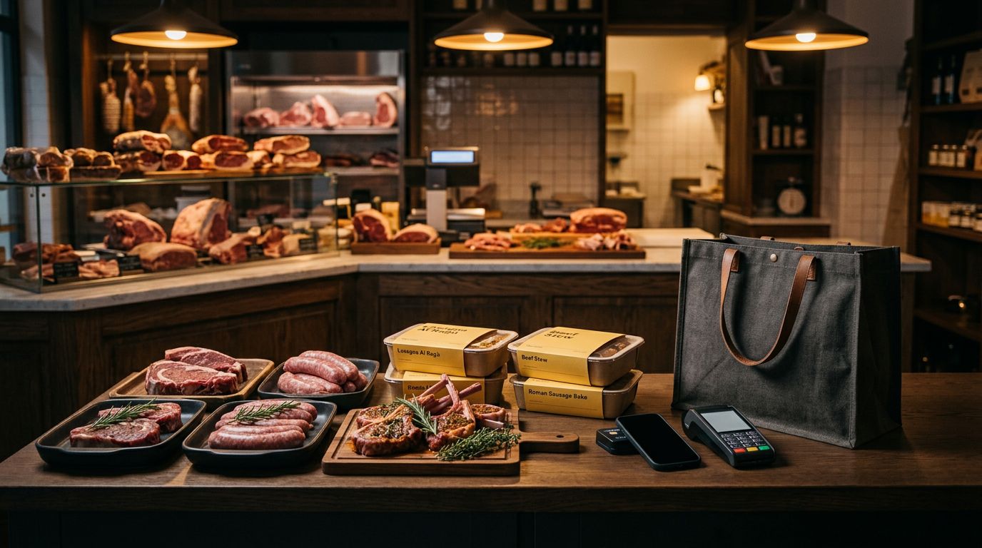 Banco di macelleria con carne, box pronti, borsa riutilizzabile e smartphone per il ritiro in negozio.
