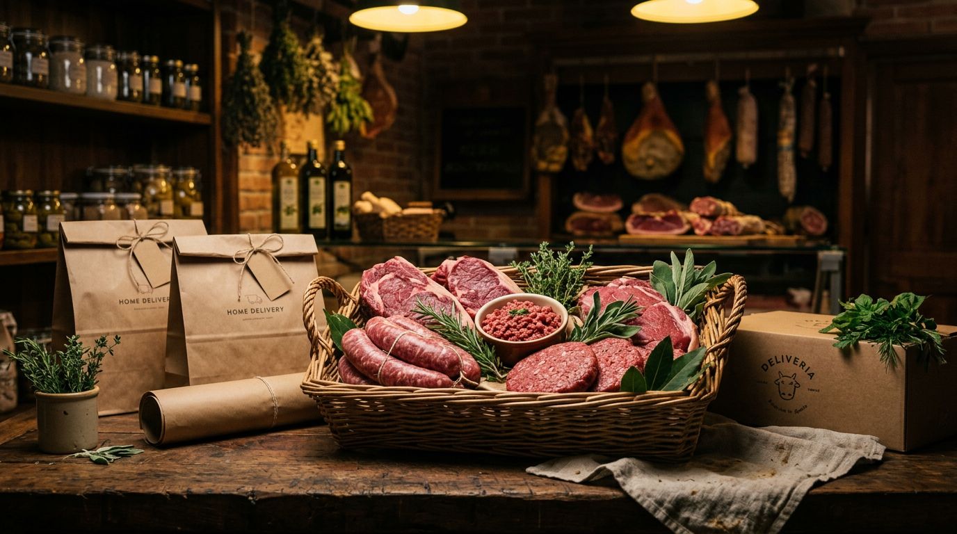 Cesto di carne fresca, hamburger e salsicce su un bancone di legno con confezioni per la consegna.