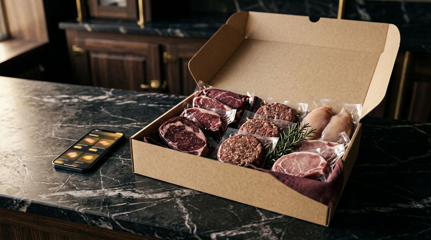 Scatola aperta con carne confezionata, hamburger, pollo e rosmarino su un bancone scuro.