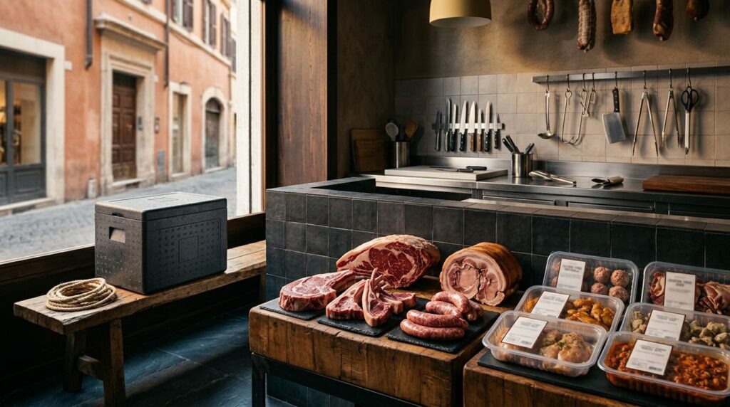 Tagli di carne e vaschette senza glutine accanto a una box termica.