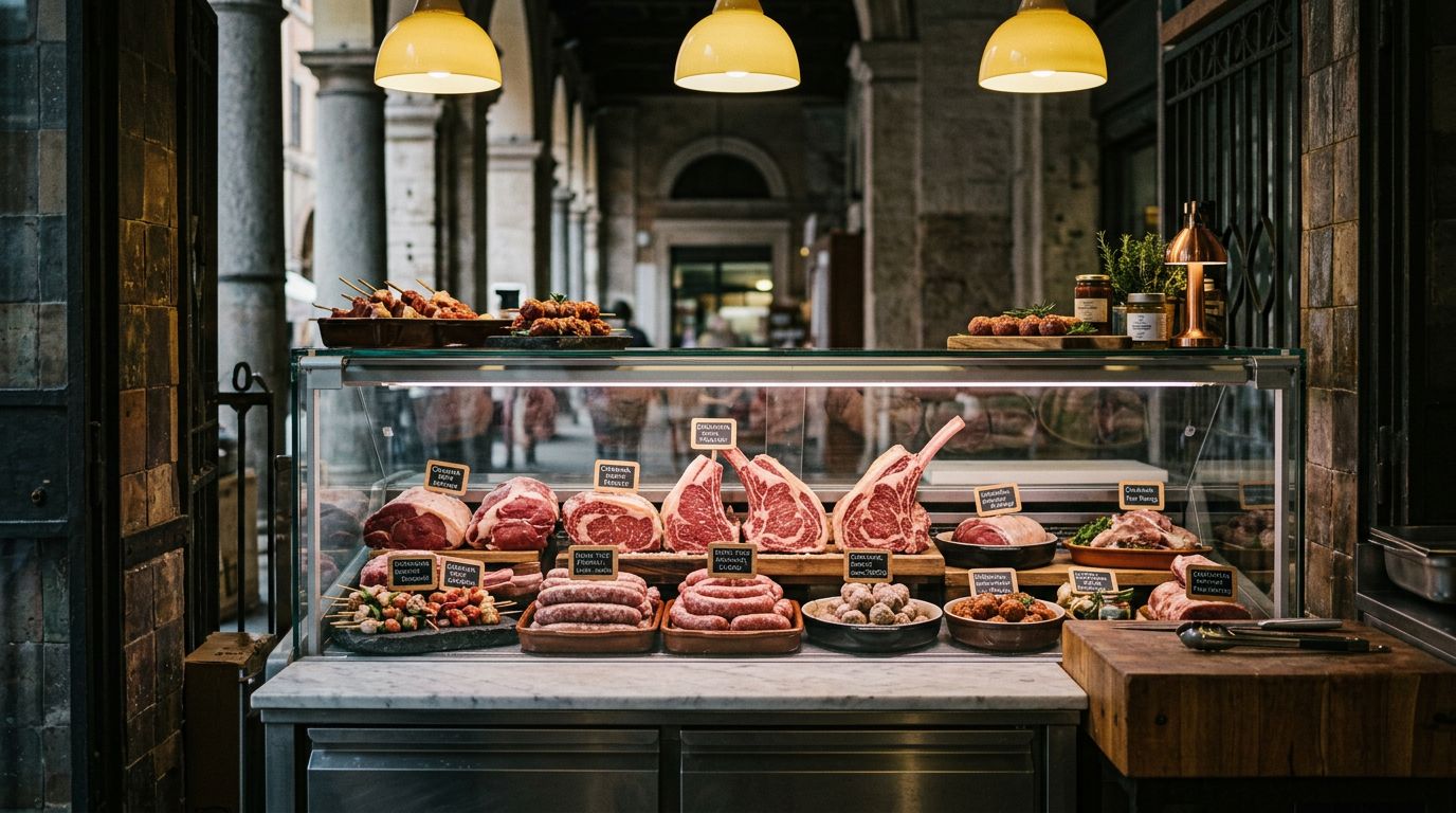 Banco refrigerato con bistecche, salsicce e preparazioni italiane pronte da cuocere.