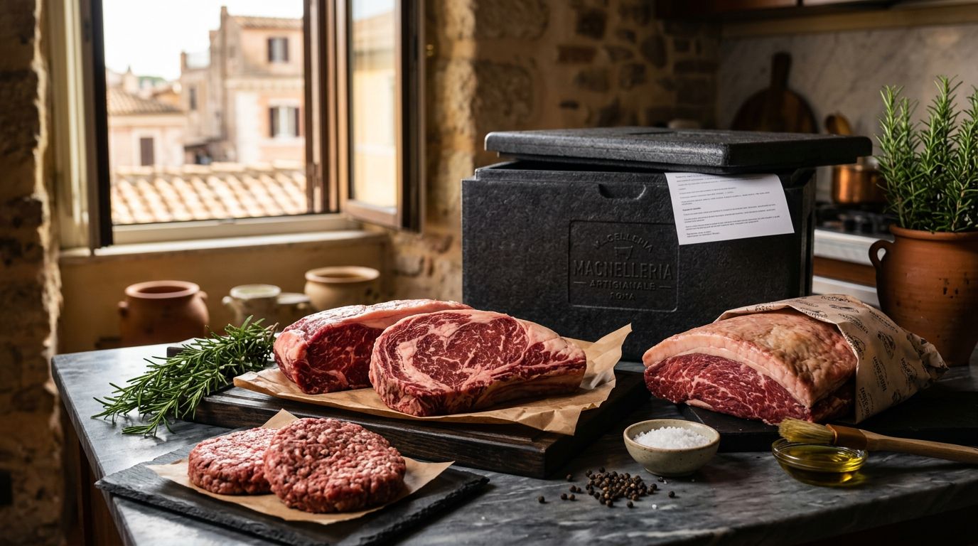 Tagli di carne, picanha e hamburger su un bancone scuro accanto a una confezione termica.