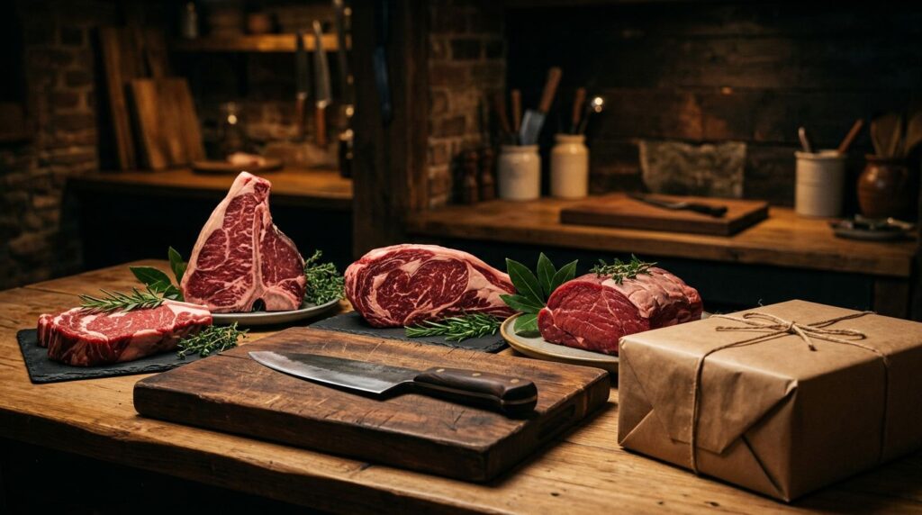 Tagli di manzo, coltello, erbe e confezione termica su un banco da macelleria.
