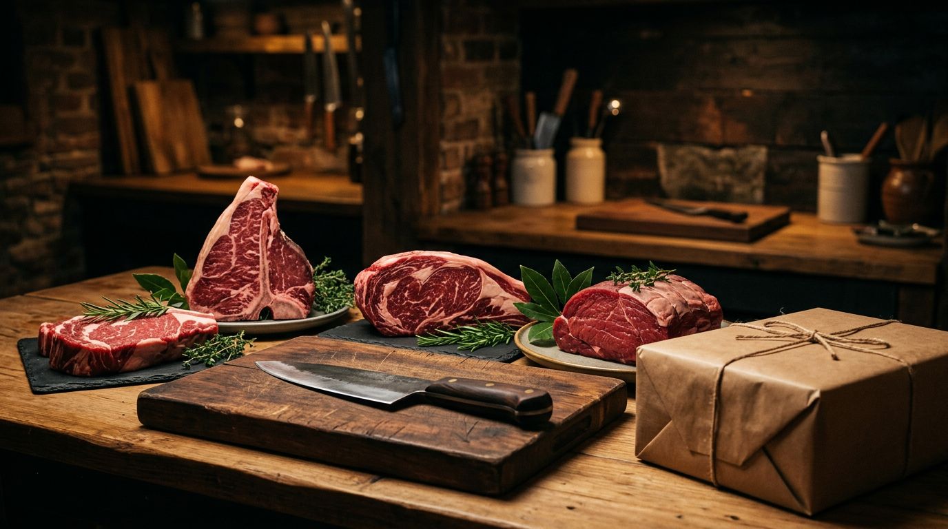 Tagli di manzo, coltello, erbe e confezione termica su un banco da macelleria.