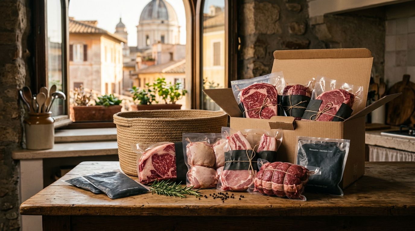 Box refrigerato con carne fresca di manzo, pollo e maiale su un bancone rustico.
