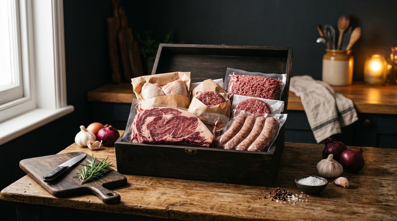 Cassetta di carne assortita su un bancone rustico con rosmarino, aglio e tagliere.