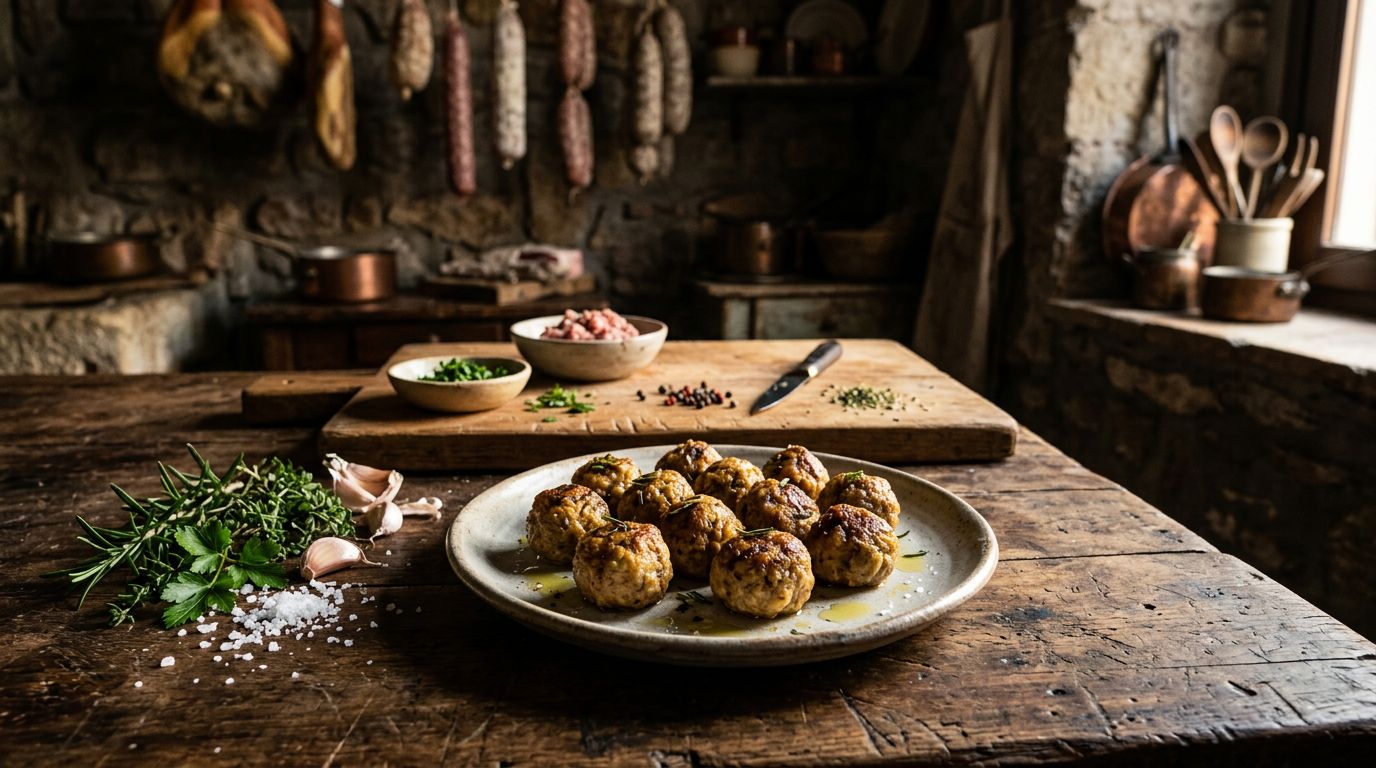 Un piatto di polpette dorate con erbe e ingredienti freschi in una cucina rustica.