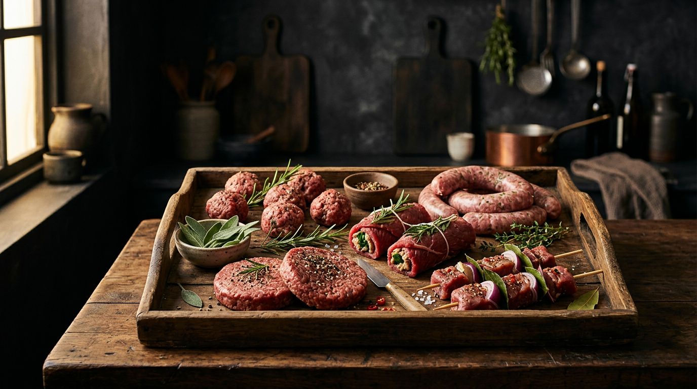 Vassoio con polpette, involtini, salsicce, hamburger e spiedini pronti da cuocere.