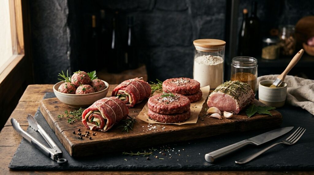 Polpette, involtini, hamburger e arrosto su un tagliere rustico con contenitori sigillati.