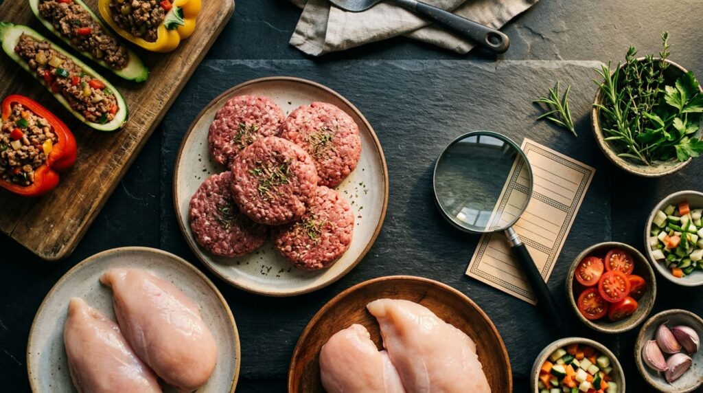 Pietanze pronte senza glutine e lattosio con carne, pollo, verdure e ciotole di ingredienti su un piano scuro.
