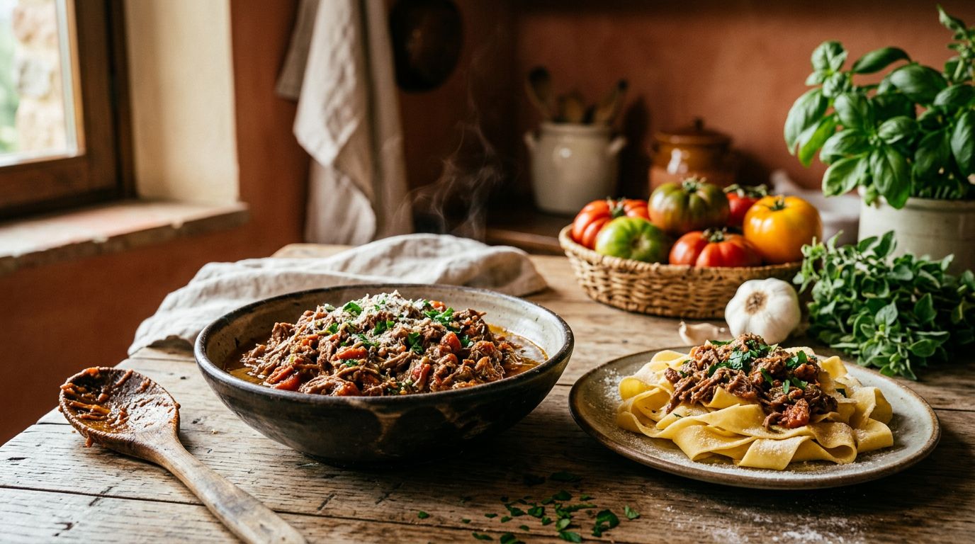 Ciotola di ragù di Chianina accanto a pappardelle fresche, pomodori ed erbe aromatiche.