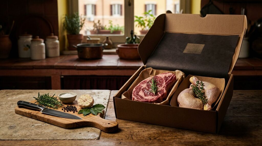 Box aperta con carne fresca, tagliere, coltello, rosmarino e ingredienti da cucina.