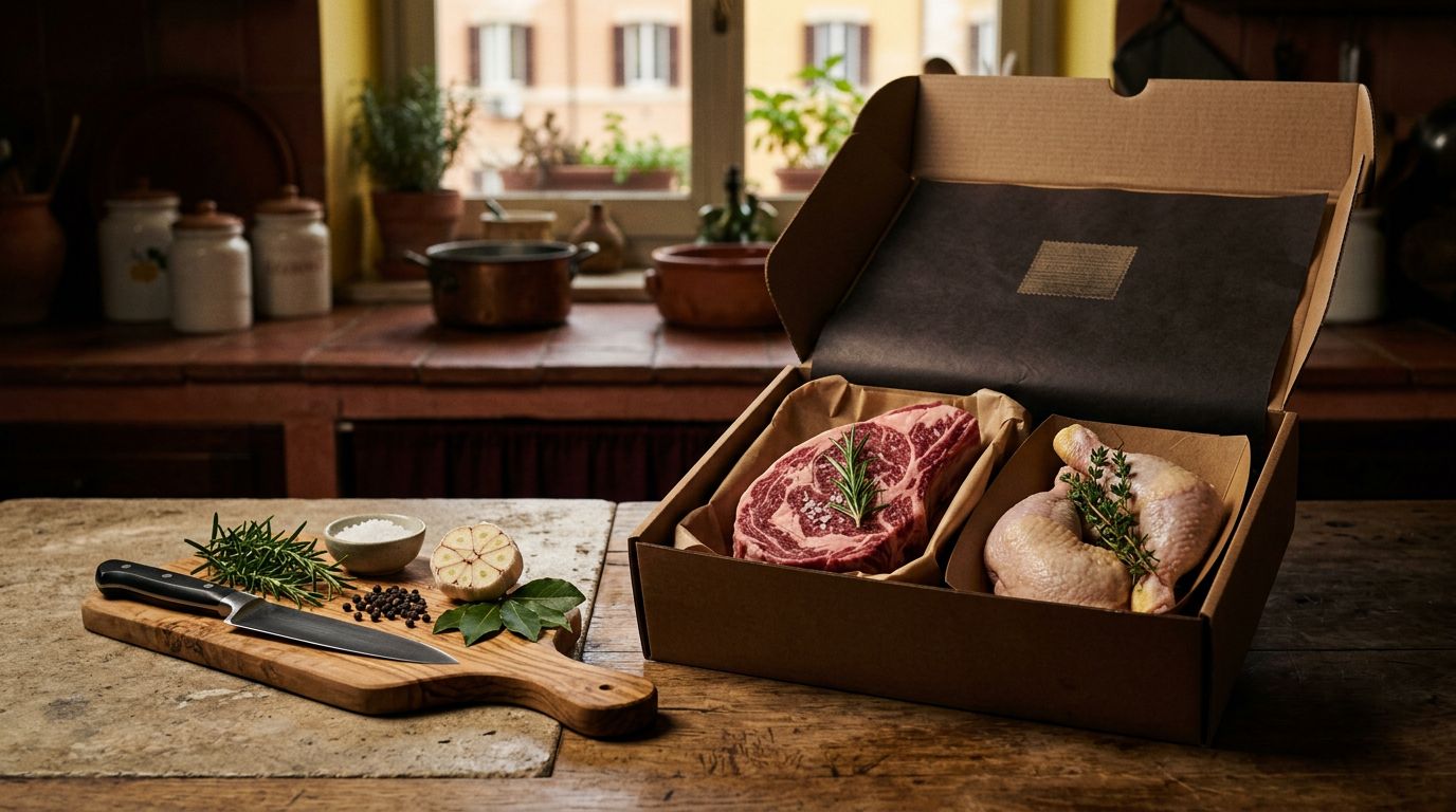 Box aperta con carne fresca, tagliere, coltello, rosmarino e ingredienti da cucina.