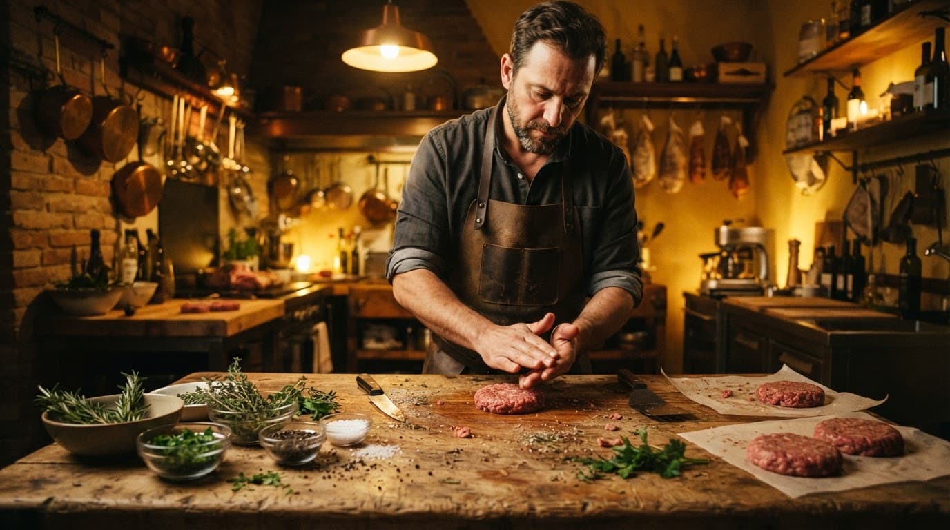 Artigiano prepara hamburger di carne su un tavolo rustico con erbe aromatiche.
