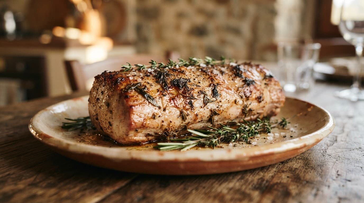 Lonza al forno con erbe su un piatto in ceramica illuminato da luce calda.