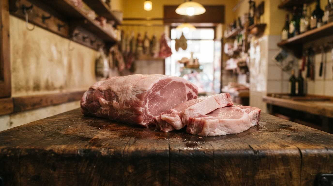 Un taglio di lonza di maiale cruda su un ceppo di legno in macelleria.