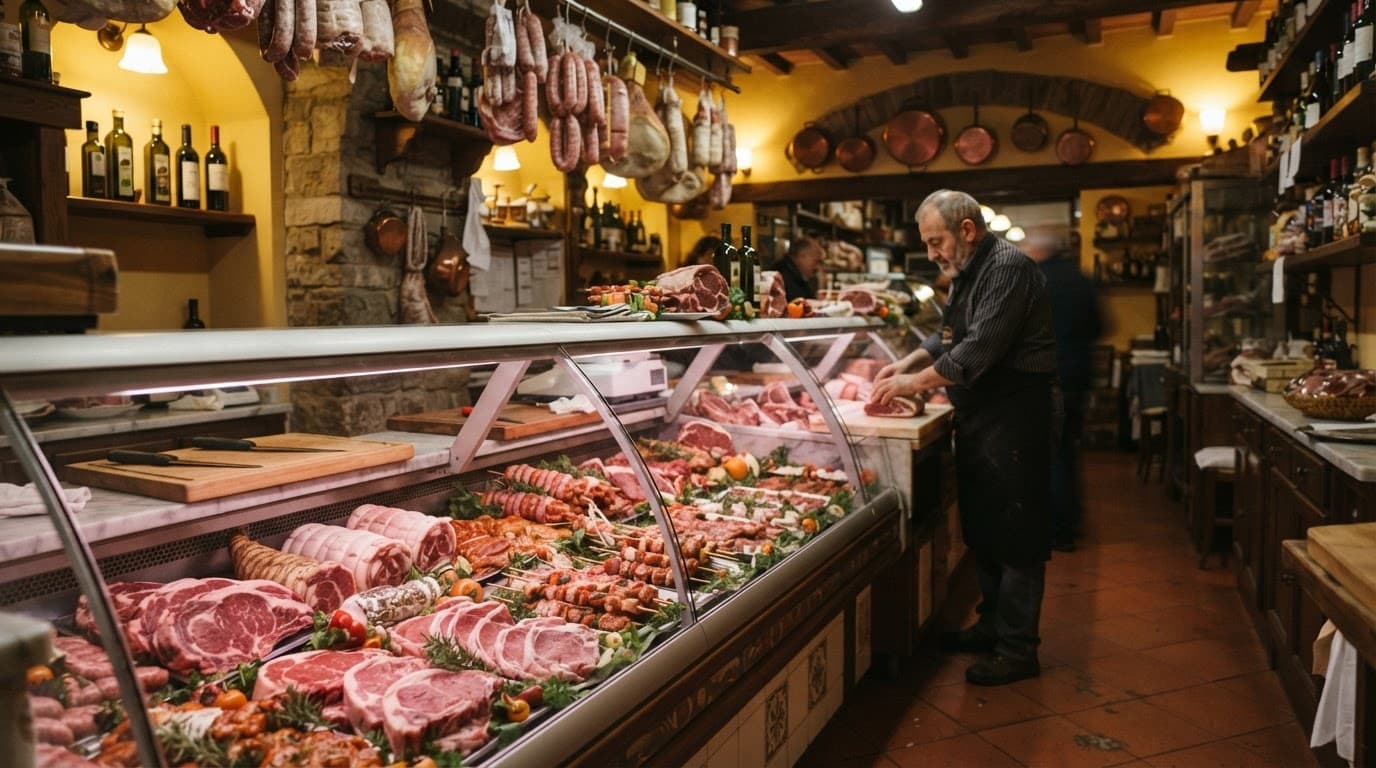Bancone di macelleria con tagli freschi e una persona sullo sfondo.