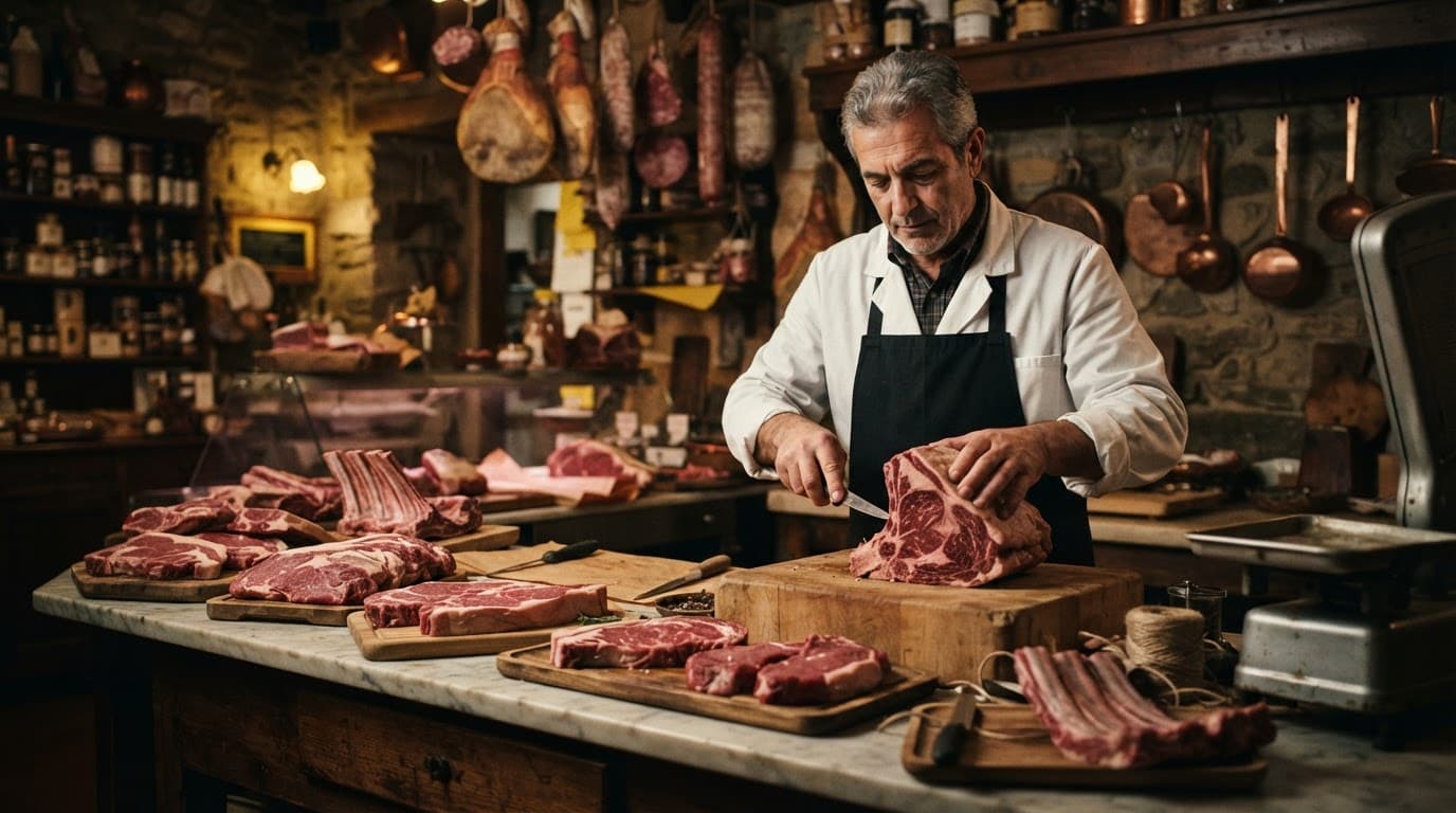 Macellaio al banco con tagli freschi di carne Chianina in una bottega italiana.