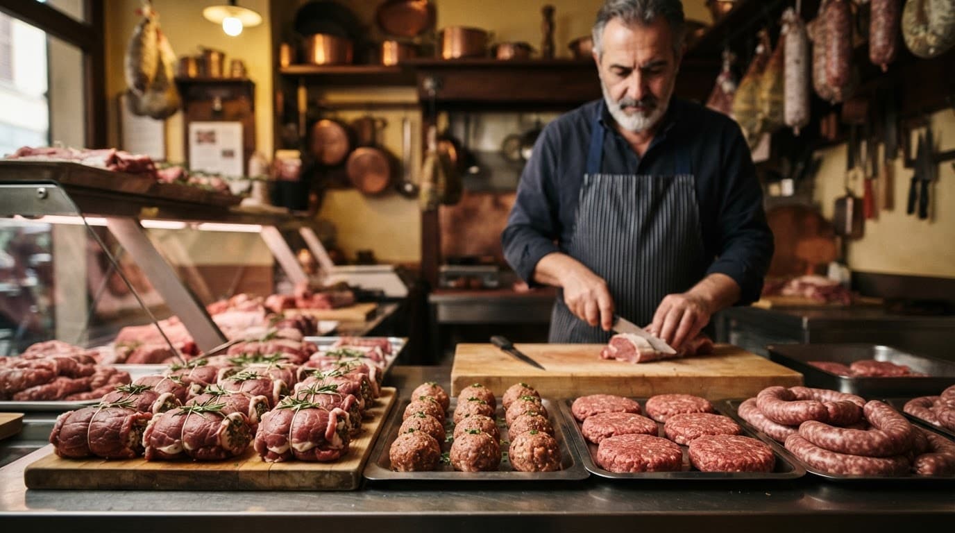 Involtini, polpette, hamburger e salsicce su un banco da macelleria.