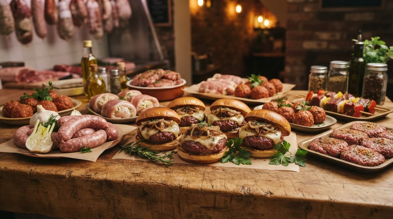 Hamburger gourmet e preparati di carne disposti su un tagliere rustico.